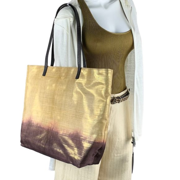Banana Republic Metallic Gold Ombré Bamboo w/Leather Handles Maxi Tote Handbag - Picture 11 of 11